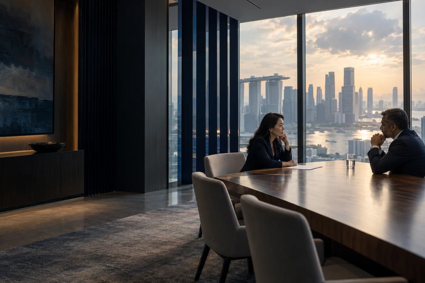 Two business leaders in a private discussion in a Singapore boardroom
