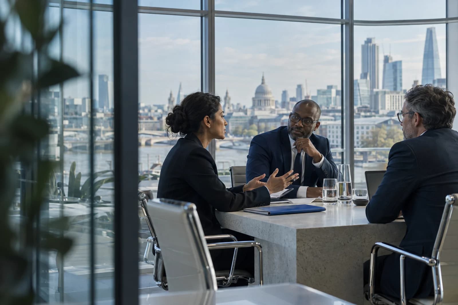 Three business leaders in discussion at a meeting table overlooking the London skyline