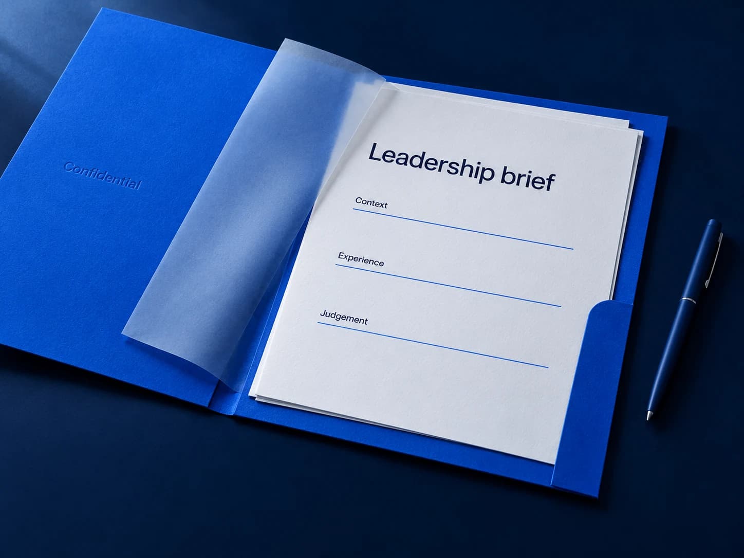 Editorial artwork of a confidential leadership brief organised around context, experience and judgement